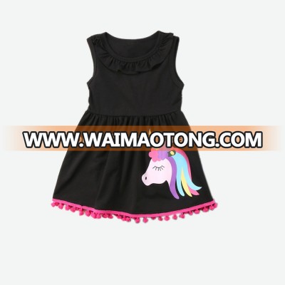 Kids Summer Daily Wear Unicorn Printed Sleeveless Baby Girl Fairy Pompom Dress