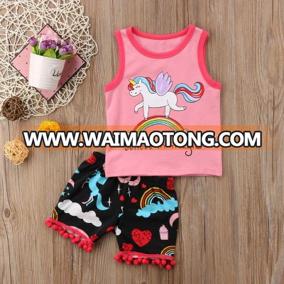 Baby clothes clothing set girls fashion unicorn summer set cute baby pompom short outfit